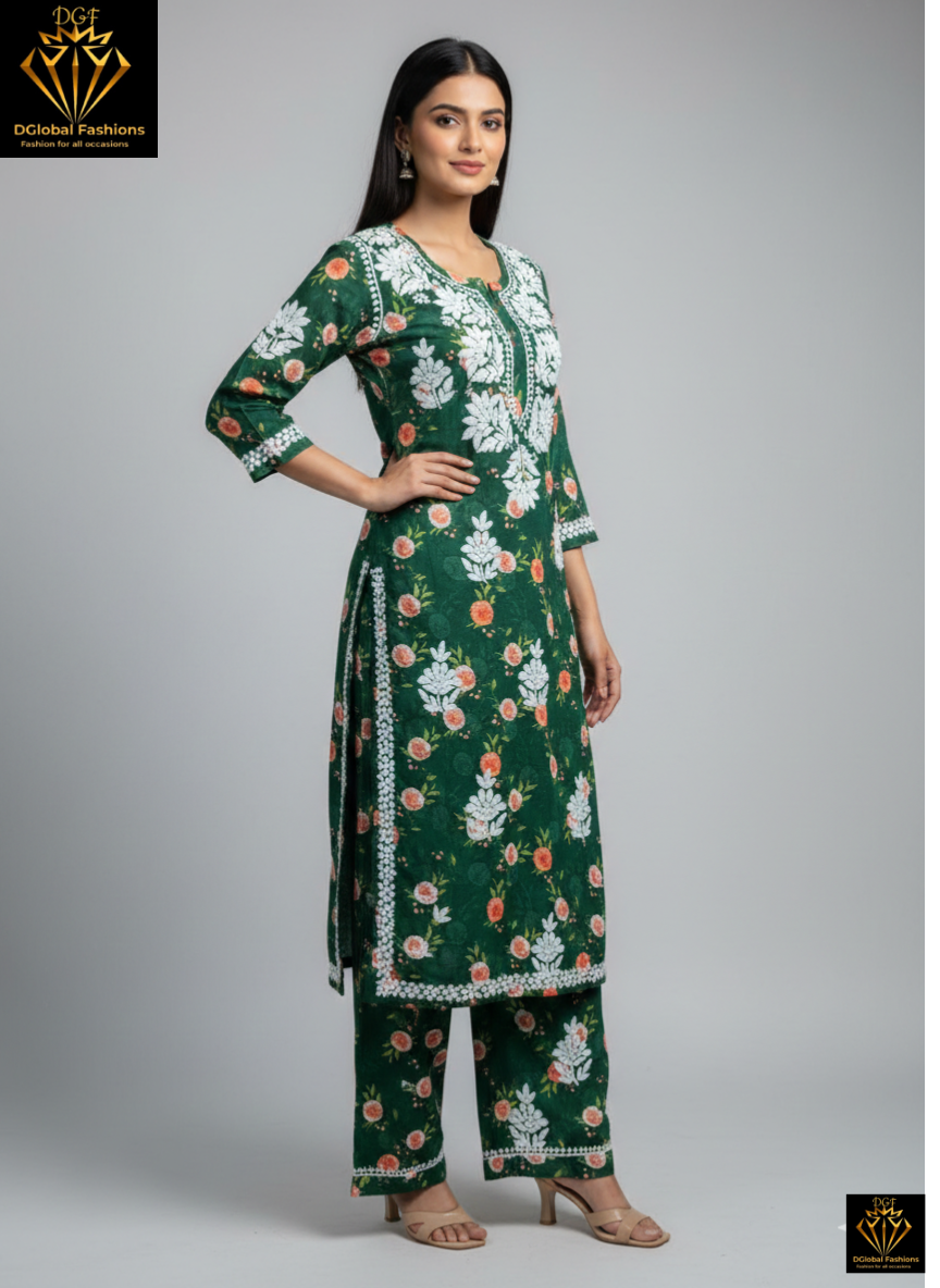 Lucknowi Chikankari Mul Print Suit Set with Intricate Handwork