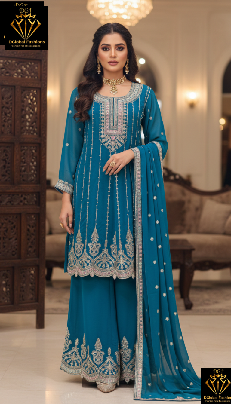 Vibrant Teal Embroidered Sharara Set – Elegant Festive & Party Wear