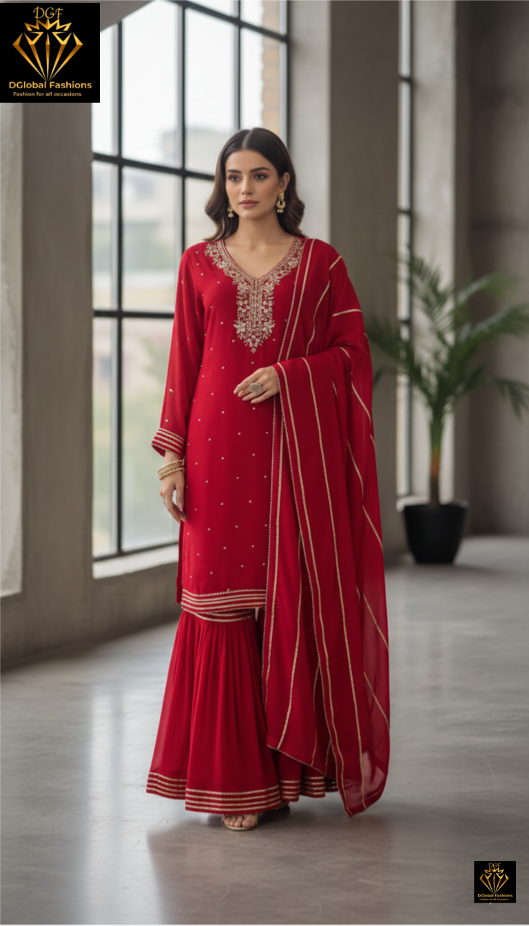 Exquisite Hand-Embroidered Gharara Ensemble with Dupatta – Festive & Occasion Wear