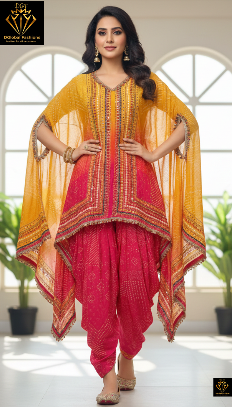 Festive-Ready Indo Western Kaftan Coord Set with Mirror Work & Tulip Pants