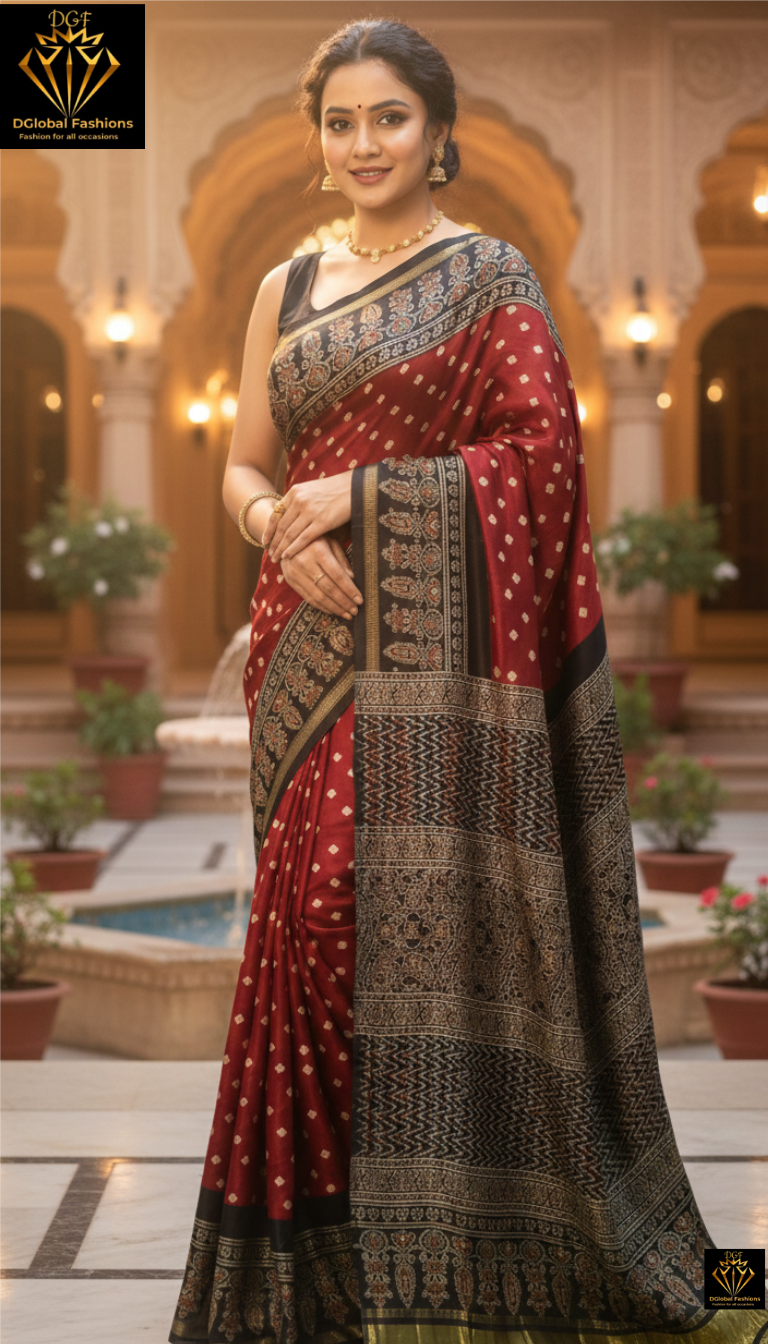 Exclusive modal silk ajrakh bandhej sarees