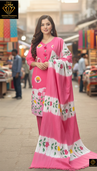Cotton Dobby Hand-Brush Painted Kurta Pant Set with Dupatta