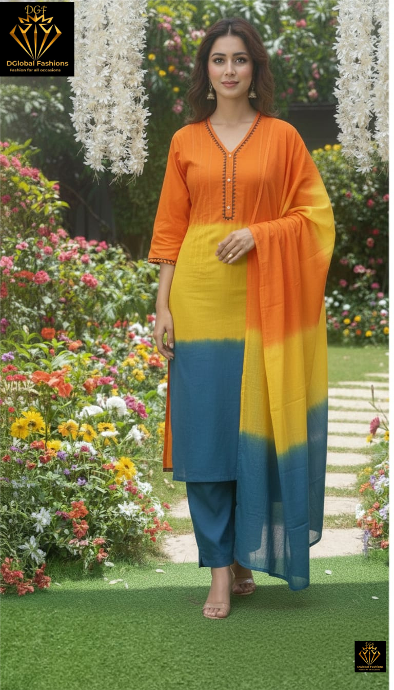Pure Cotton Ombre Dyed Kurta Pant Set with Matching Dupatta