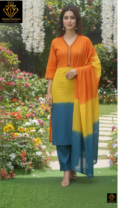 Pure Cotton Ombre Dyed Kurta Pant Set with Matching Dupatta