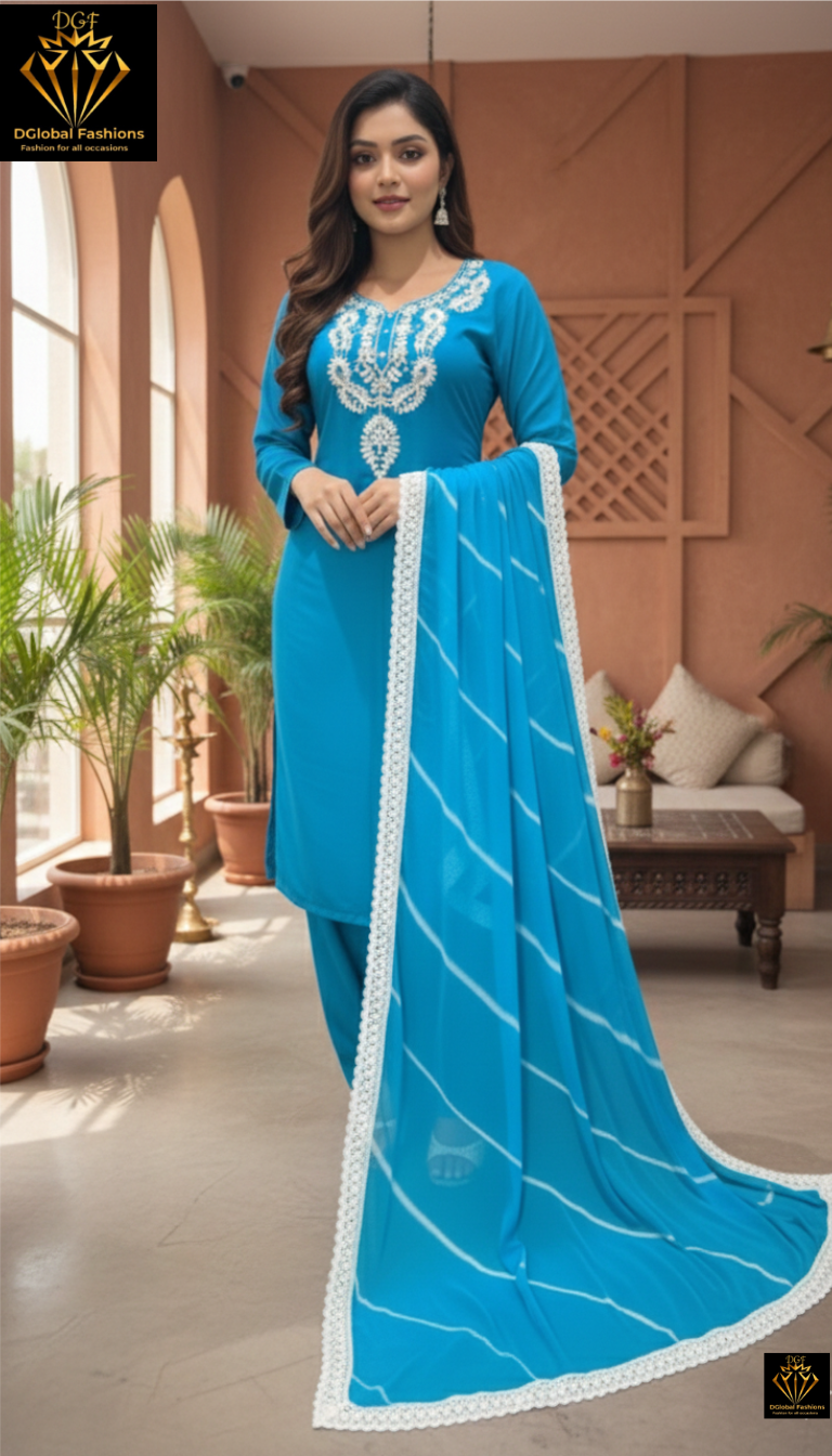 Stylish Embroidered Kurta with Pant & Dupatta Set – Elegant Ethnic Wear