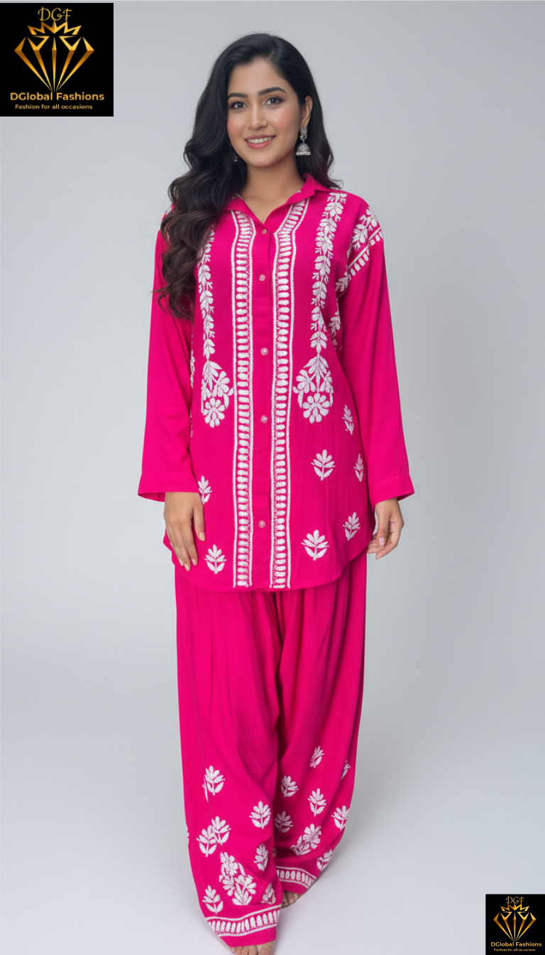 Slub Modal Chikankari Co-ord Set – Shirt Style Kurta with Relaxed Pants