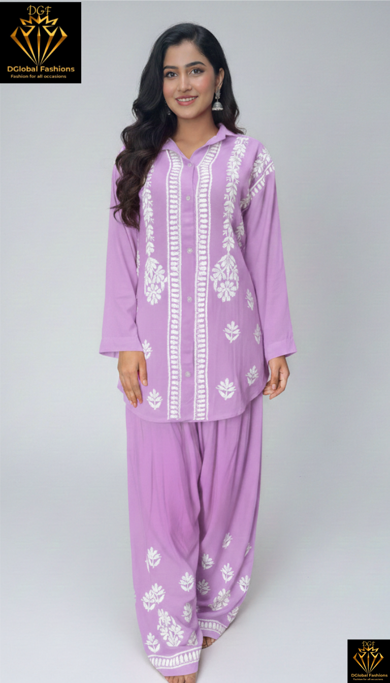 Slub Modal Chikankari Co-ord Set – Shirt Style Kurta with Relaxed Pants