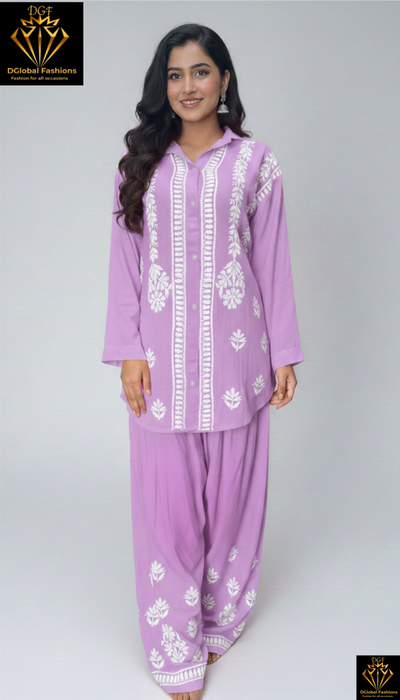 Slub Modal Chikankari Co-ord Set – Shirt Style Kurta with Relaxed Pants