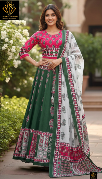 Traditional Green & Pink Ajrakh Printed Chaniya Choli with Dupatta – Festive Wear for Women