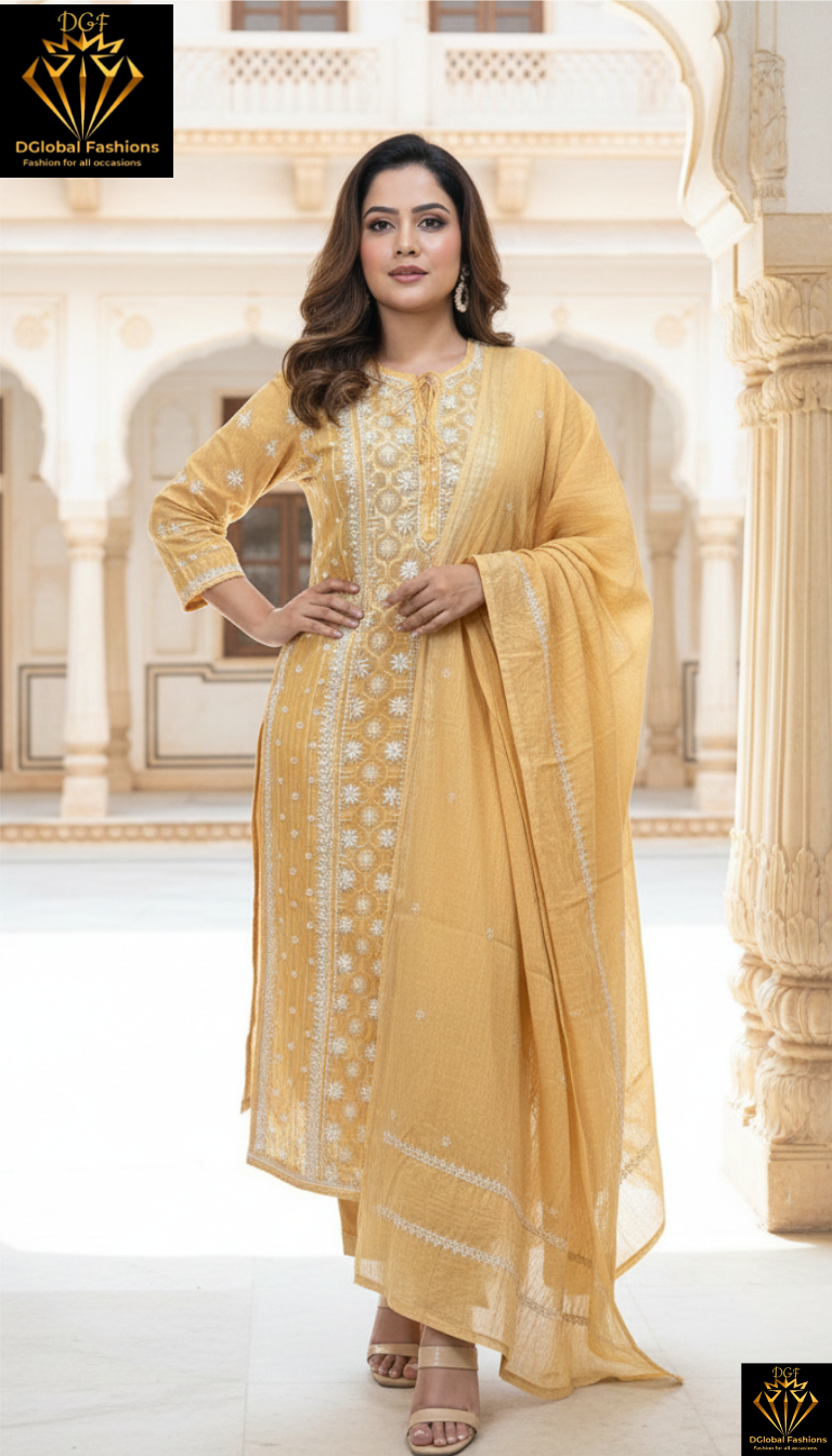 Lucknowi Chikankari A-Line Kurti Set with Elegant Brocade Detailing, Matching Dupatta & Pants