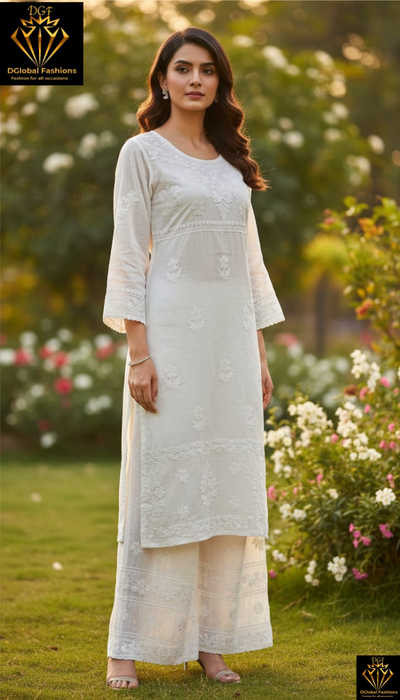 Elegant White Chanderi Silk Lucknowi Chikankari Handwork Kurta Pant Set for Women