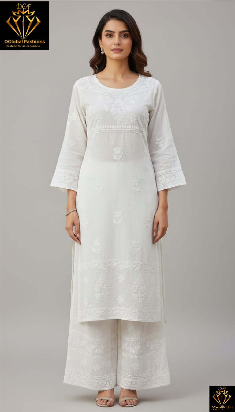 Elegant White Chanderi Silk Lucknowi Chikankari Handwork Kurta Pant Set for Women