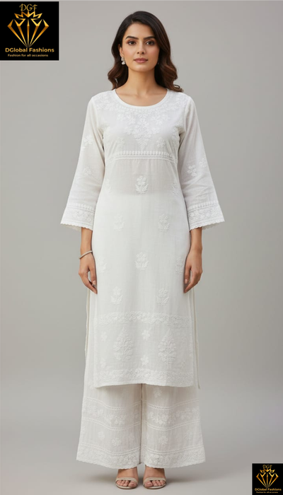 Elegant White Chanderi Silk Lucknowi Chikankari Handwork Kurta Pant Set for Women