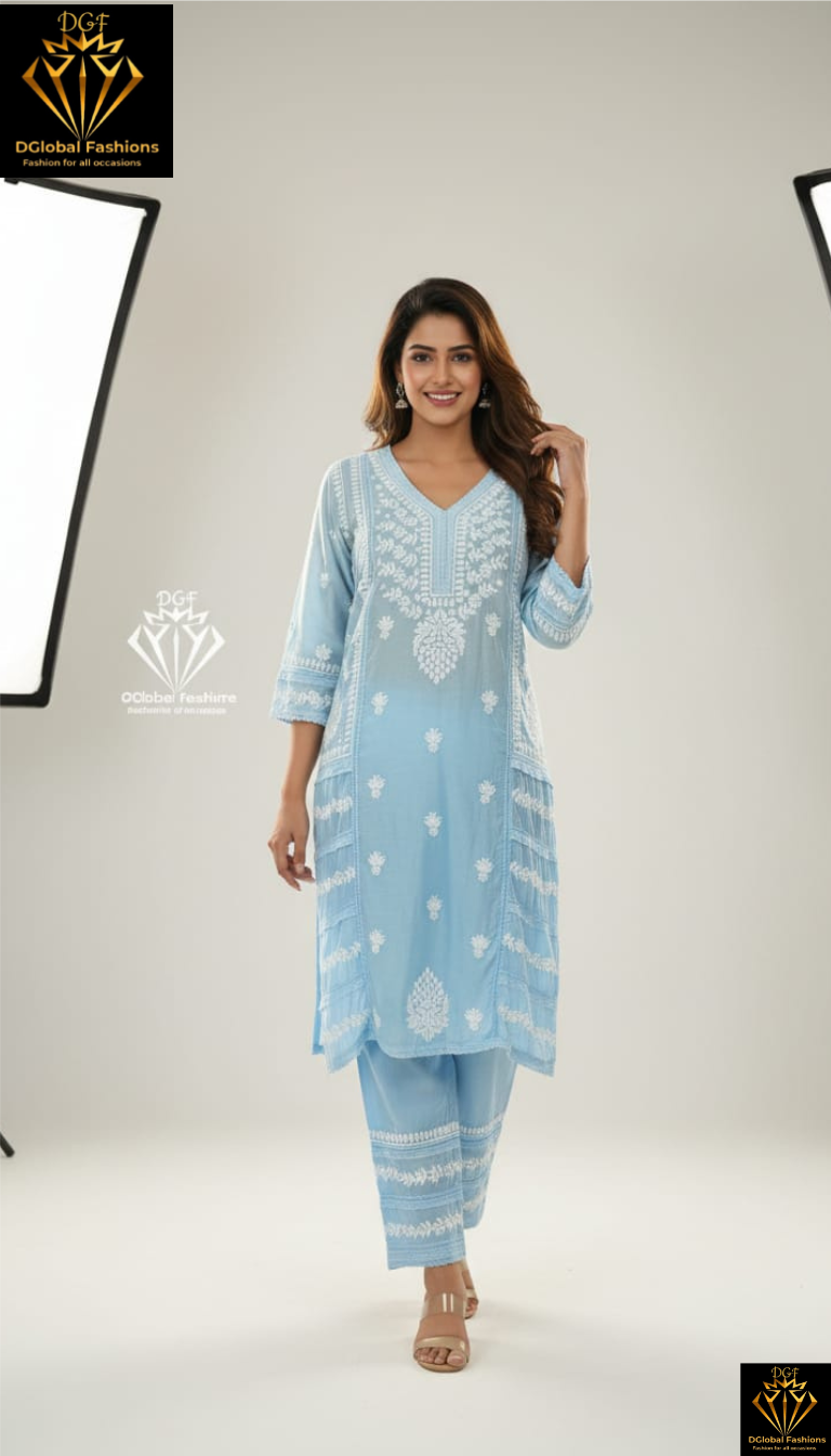 Designer muslin Silk 3D chikankari embroidered coord set