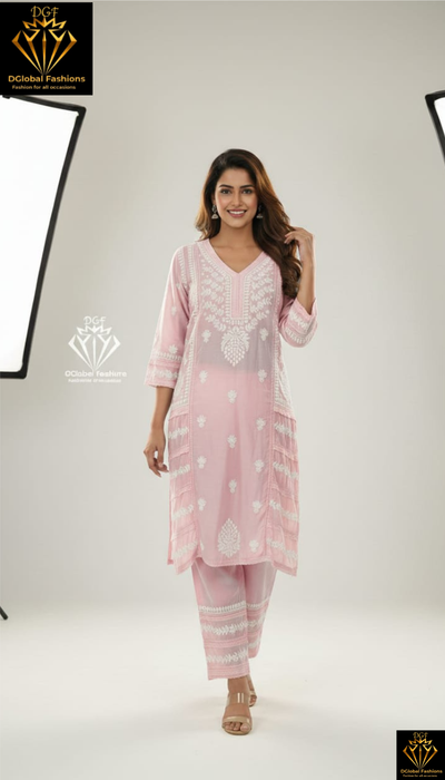 Designer muslin Silk 3D chikankari embroidered coord set