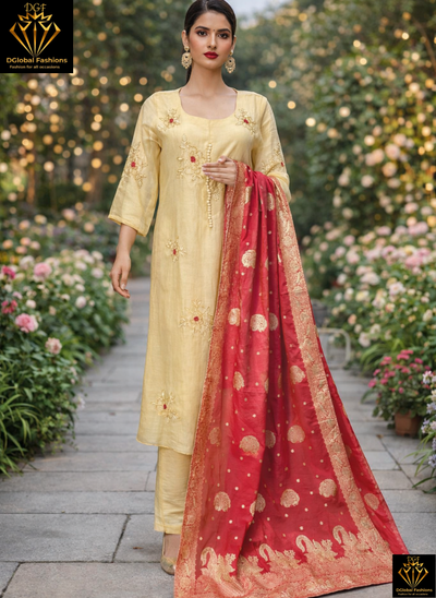 A-Line Mul Chanderi Kurta Set with Banarasi Dupatta & Pearl Cutdana Work