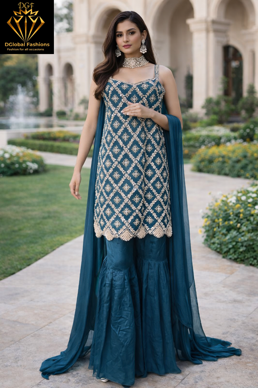 Readymade Sharara Suit with Sequin & Cutdana Embroidery Kurta and Choker Dupatta