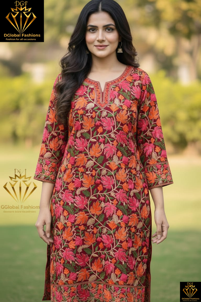 Georgette Kashmiri Kurti with All-Over Multicolor Embroidery Jaal