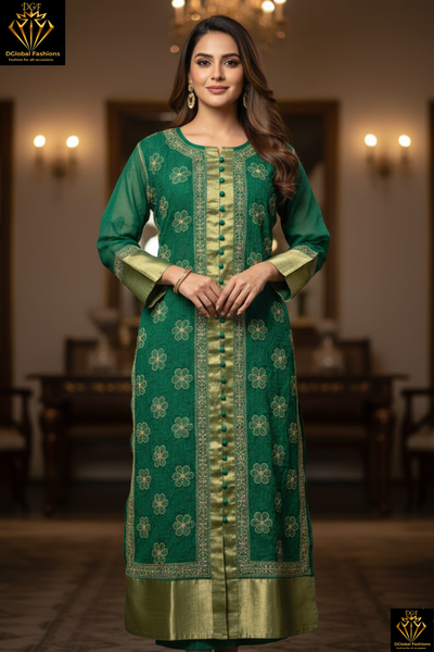 Lucknowi Chikankari Sherwani-Style Shadow Work Kurti in Kota Doriya with Zari Panel & Border