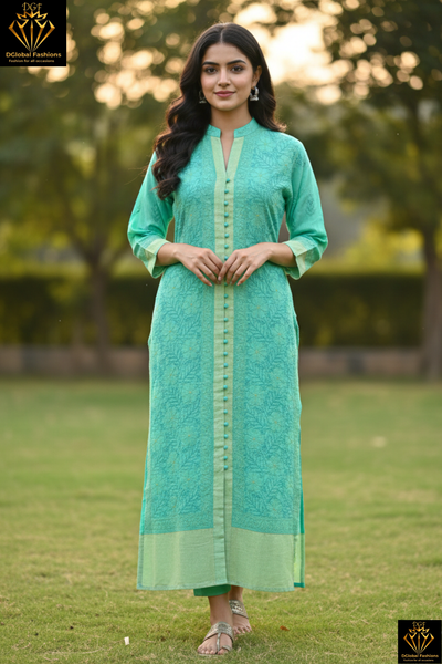 Lucknowi Chikankari Sherwani-Style Shadow Work Kurti in Kota Doriya with Zari Panel & Border