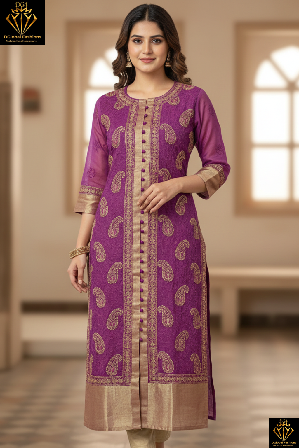 Lucknowi Chikankari Sherwani-Style Shadow Work Kurti in Kota Doriya with Zari Panel & Border