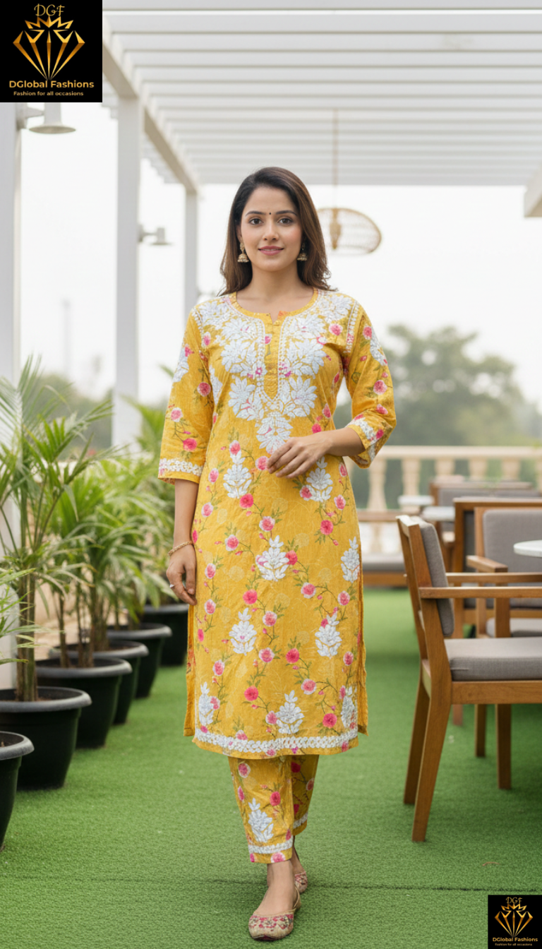 Lucknowi Chikankari Mul Print Suit Set with Intricate Handwork