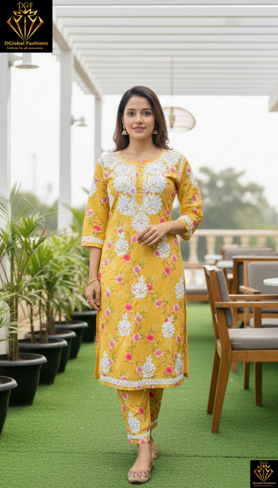 Lucknowi Chikankari Mul Print Suit Set with Intricate Handwork