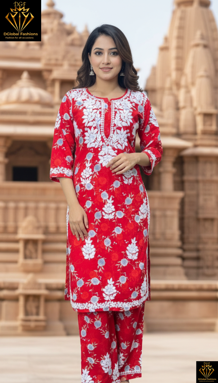 Lucknowi Chikankari Mul Print Suit Set with Intricate Handwork