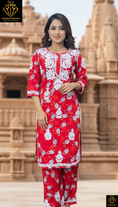 Lucknowi Chikankari Mul Print Suit Set with Intricate Handwork