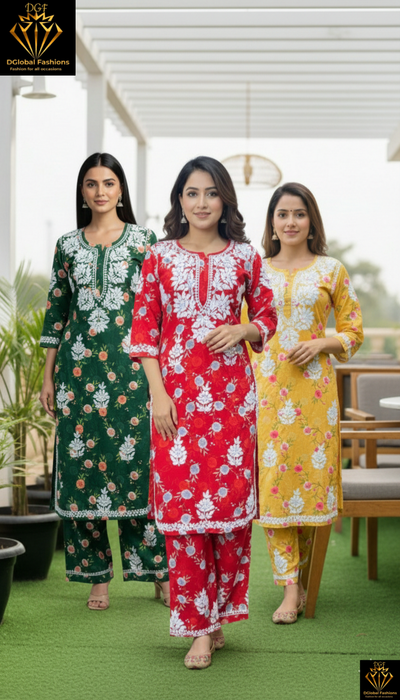 Lucknowi Chikankari Mul Print Suit Set with Intricate Handwork