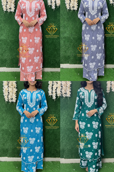 Stylish Crepe Lucknowi Chikankari Kurta Set with Scalloped Border