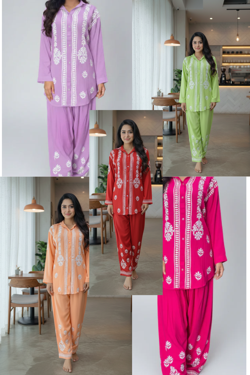 Slub Modal Chikankari Co-ord Set – Shirt Style Kurta with Relaxed Pants