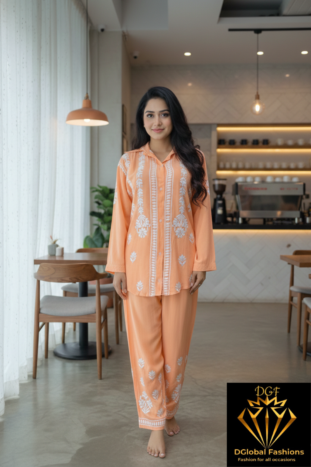 Slub Modal Chikankari Co-ord Set – Shirt Style Kurta with Relaxed Pants