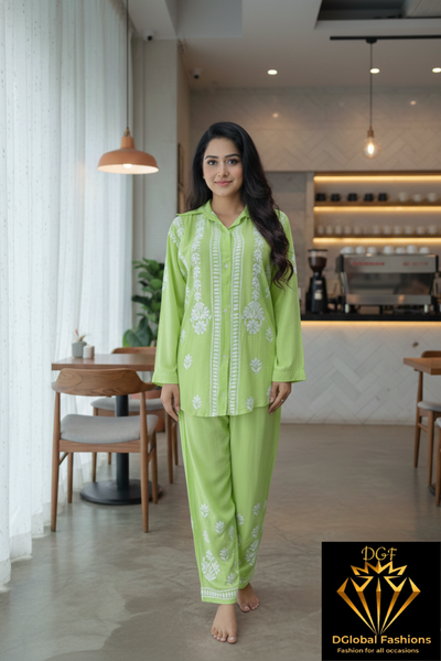 Slub Modal Chikankari Co-ord Set – Shirt Style Kurta with Relaxed Pants