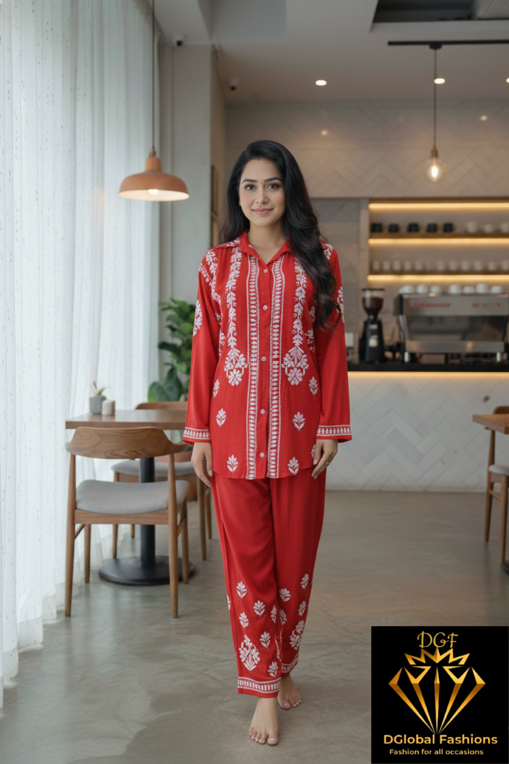Slub Modal Chikankari Co-ord Set – Shirt Style Kurta with Relaxed Pants