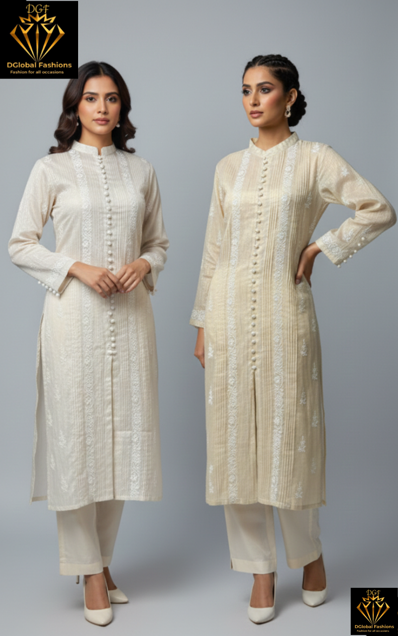 Lucknowi Chikankari Tissue Shimmer Sherwani-Style Kurti & Pant Set
