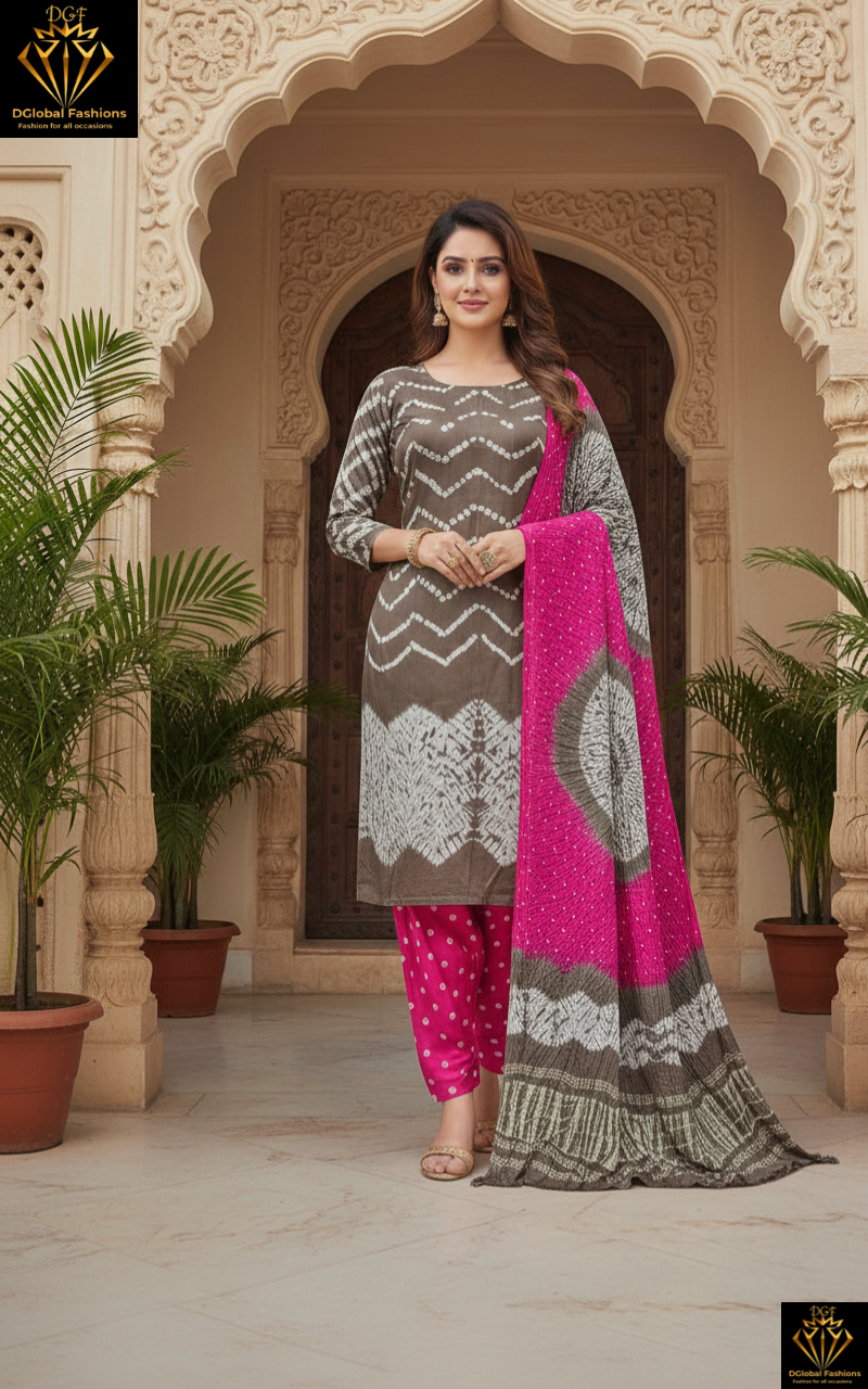 Modal Silk Hand Shibori Leheriya Bandhej Unstitched Suit Set