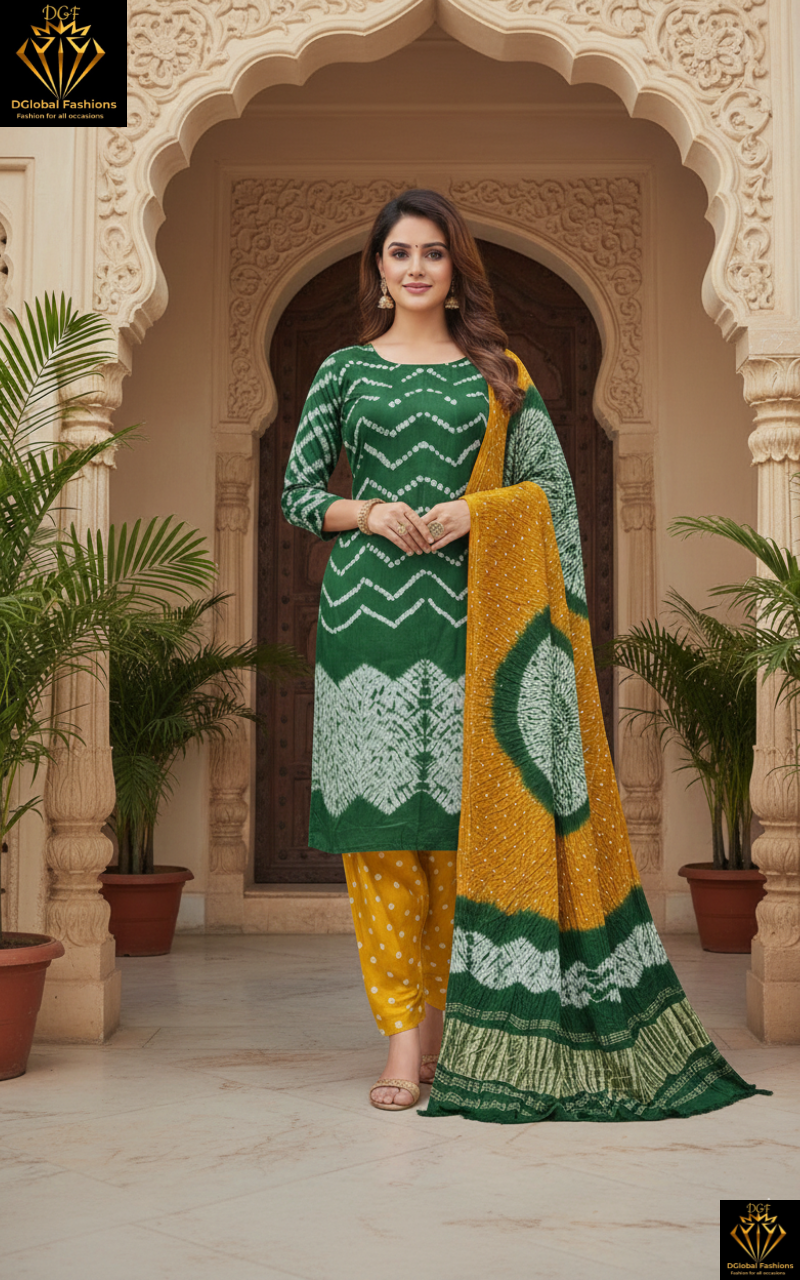 Modal Silk Hand Shibori Leheriya Bandhej Unstitched Suit Set