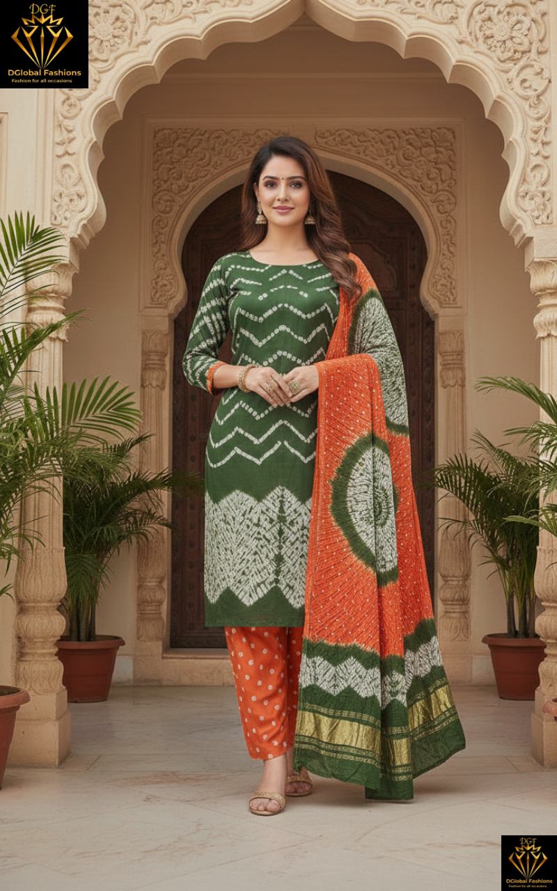 Modal Silk Hand Shibori Leheriya Bandhej Unstitched Suit Set