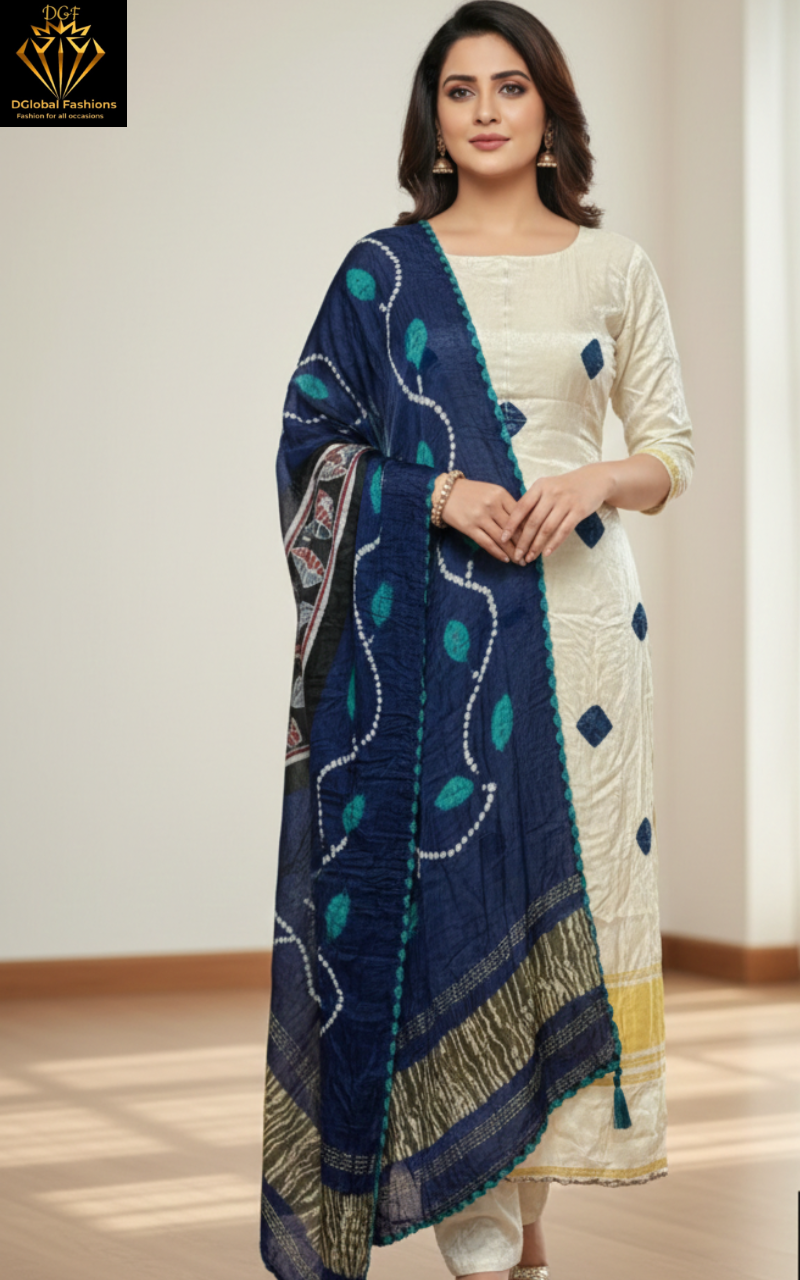 Modal Silk 2-Piece Set with Kalamkari Shibori & Bandhej Dupatta