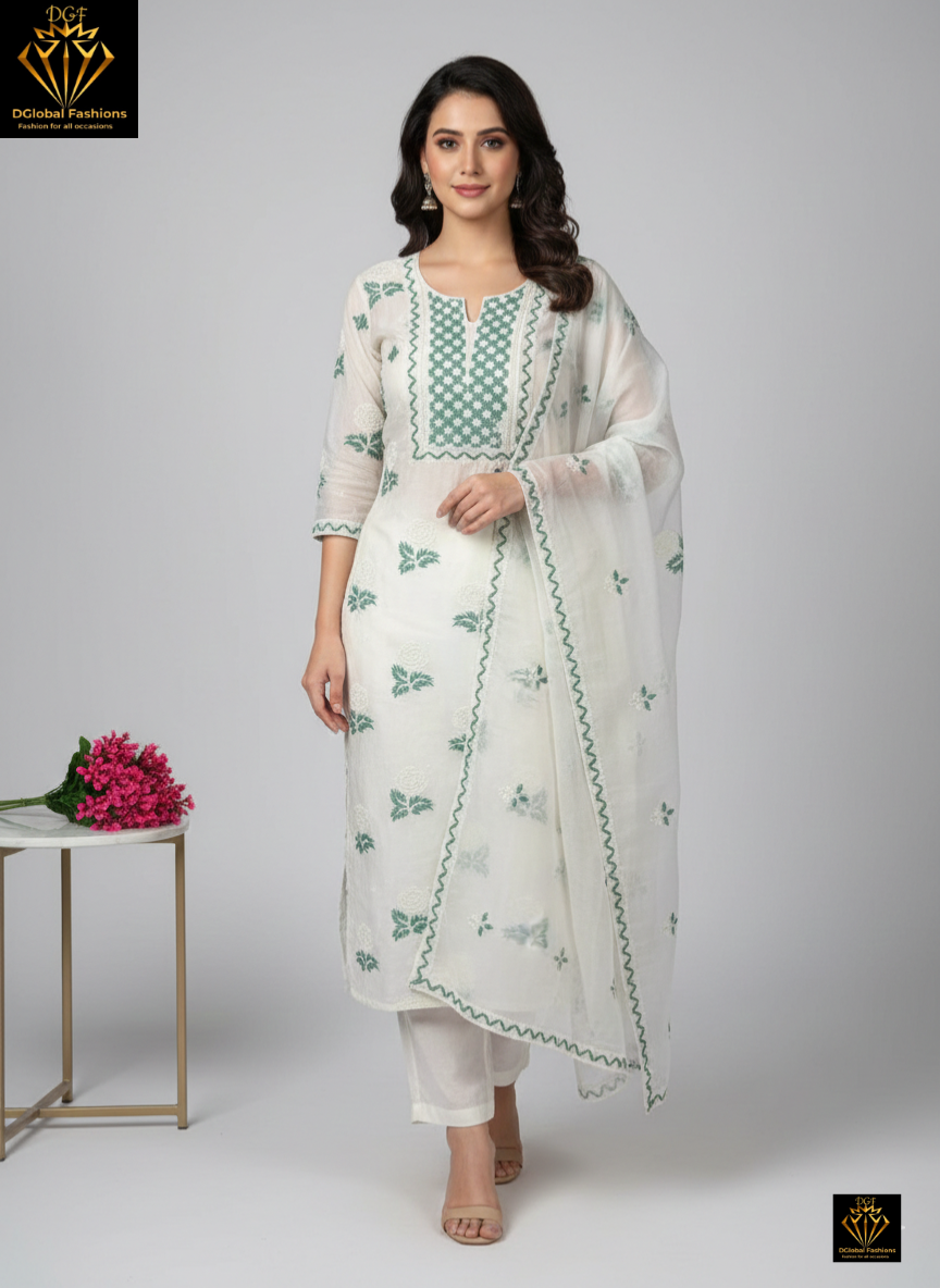 Lucknowi Chikankari Kurta & Dupatta Set in Mulmul Chanderi with Pearl & Cutdana Embroidery