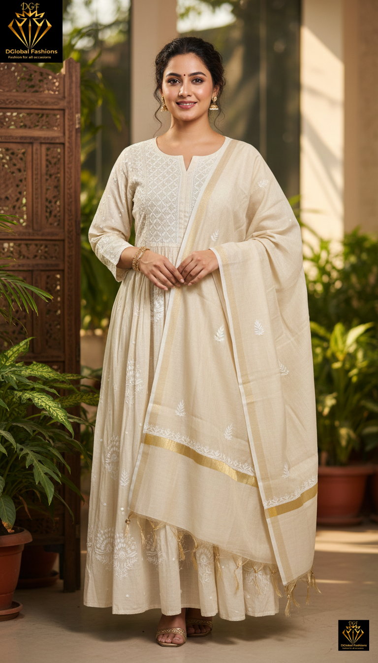 Lucknowi Chikankari Tissue A-Line Kurta Set with Dupatta Handcrafted Pearl & Cutdana Work