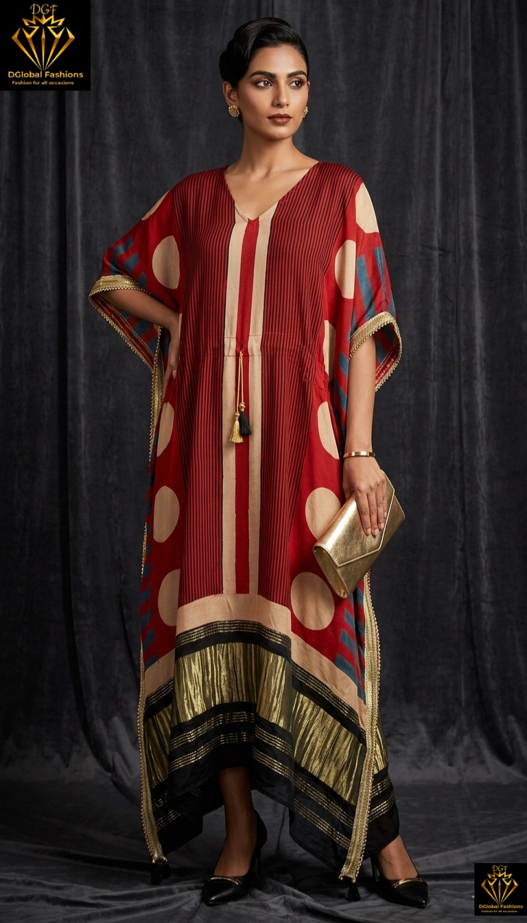 Pure Modal Silk Hand-Block Ajrakh Kaftan with Lagdi Patta Border & Lace Detailing