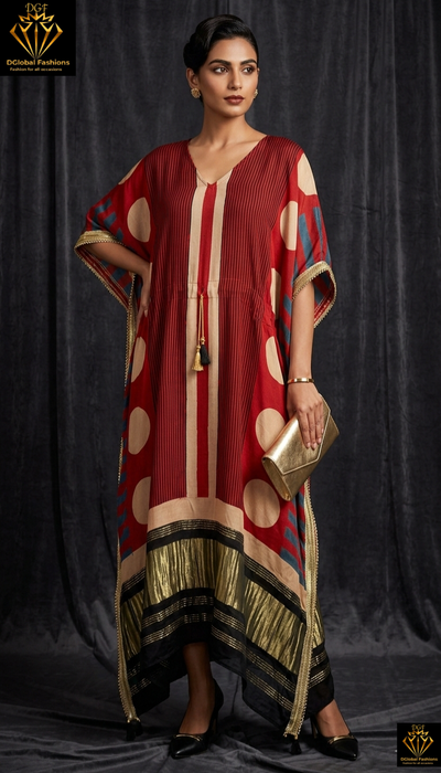 Pure Modal Silk Hand-Block Ajrakh Kaftan with Lagdi Patta Border & Lace Detailing