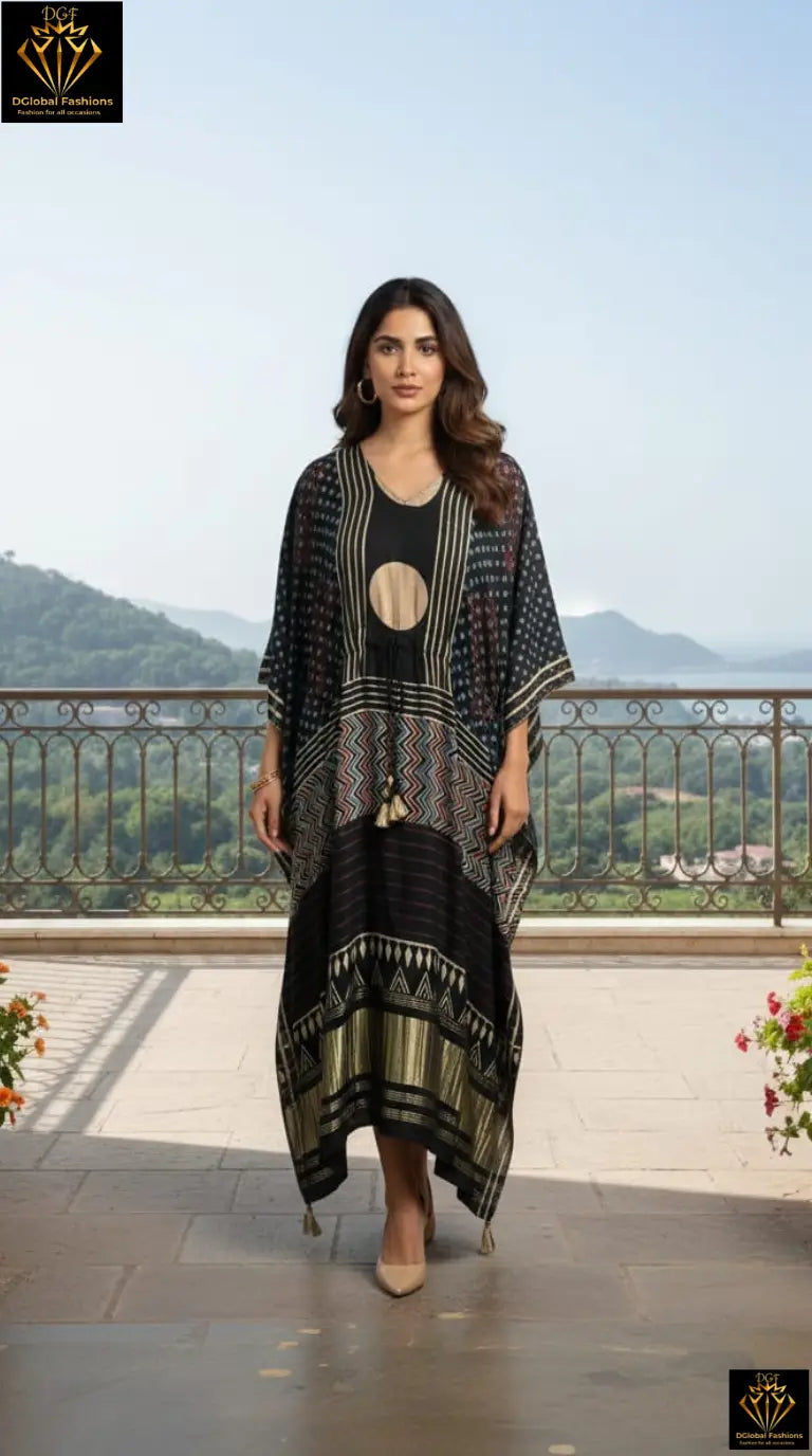 Pure Modal Silk Hand-Block Ajrakh Kaftan with Lagdi Patta Border