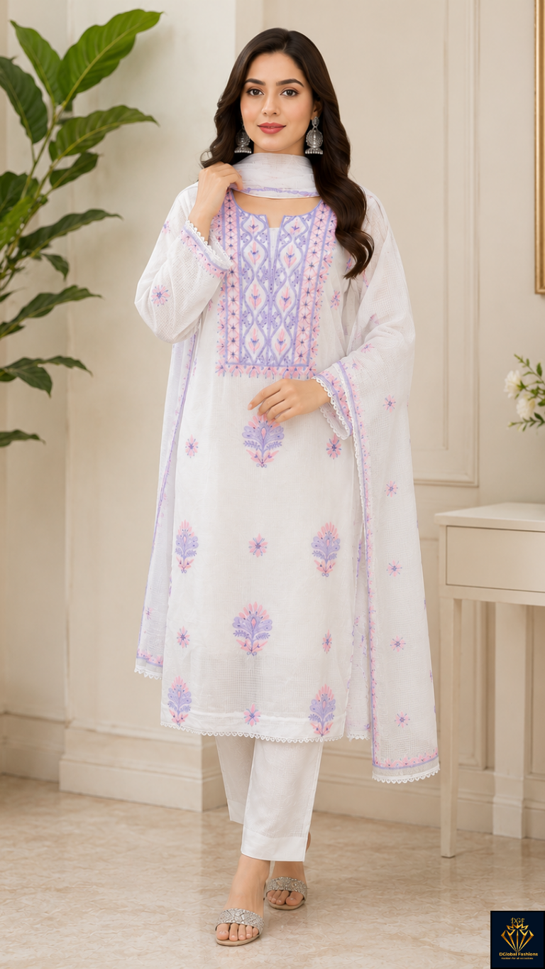 Lucknowi Multi-Thread Chikankari Kurta & Dupatta Set in Kota Fabric