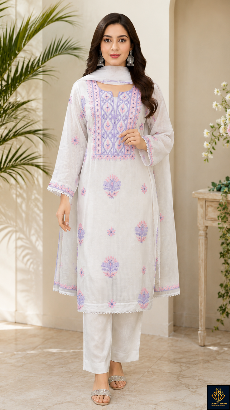 Lucknowi Multi-Thread Chikankari Kurta & Dupatta Set in Kota Fabric