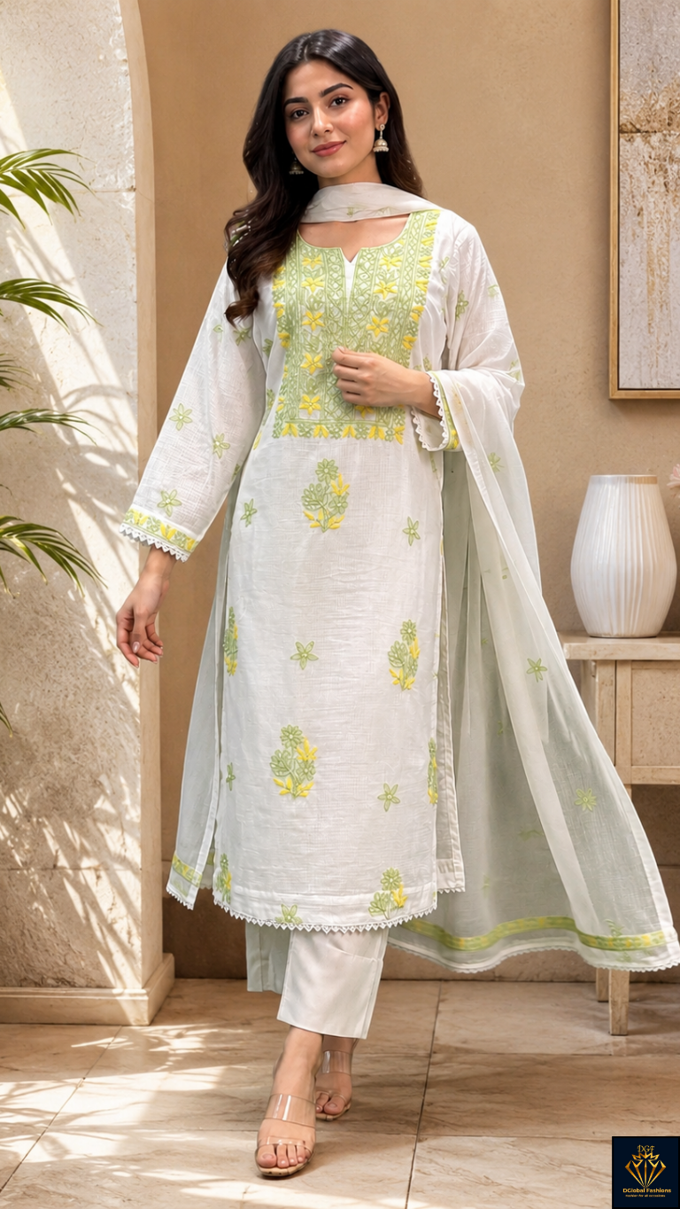 Lucknowi Multi-Thread Chikankari Kurta & Dupatta Set in Kota Fabric