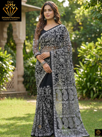 Hand-embroidered black georgette lucknowi chikankari saree with gota patti work and matching blouse