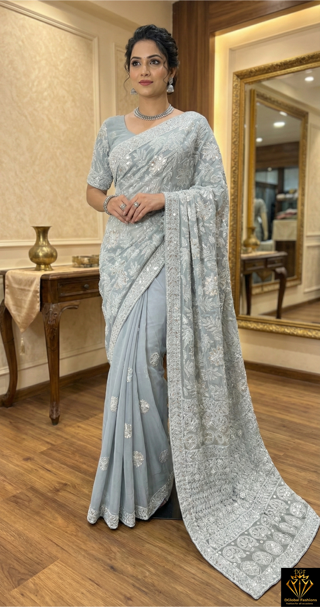 Lucknowi Chikankari Half Jaal Saree with Gota Patti Handwork